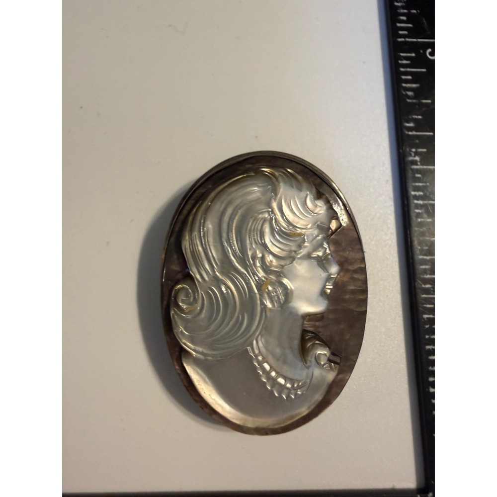 Vintage 800 Silver Mother of Pearl Shell Cameo Brooch Pendant Carved Woman